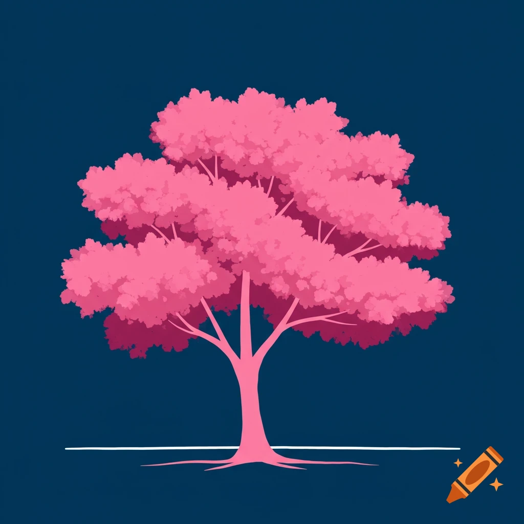Minimalist of a pink tree on a blue background with a white line