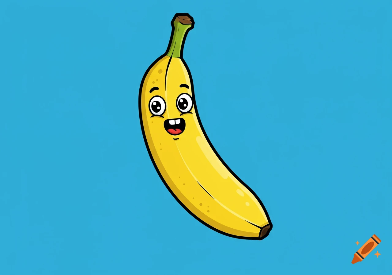 Cartoon banana with a face on a blue background.