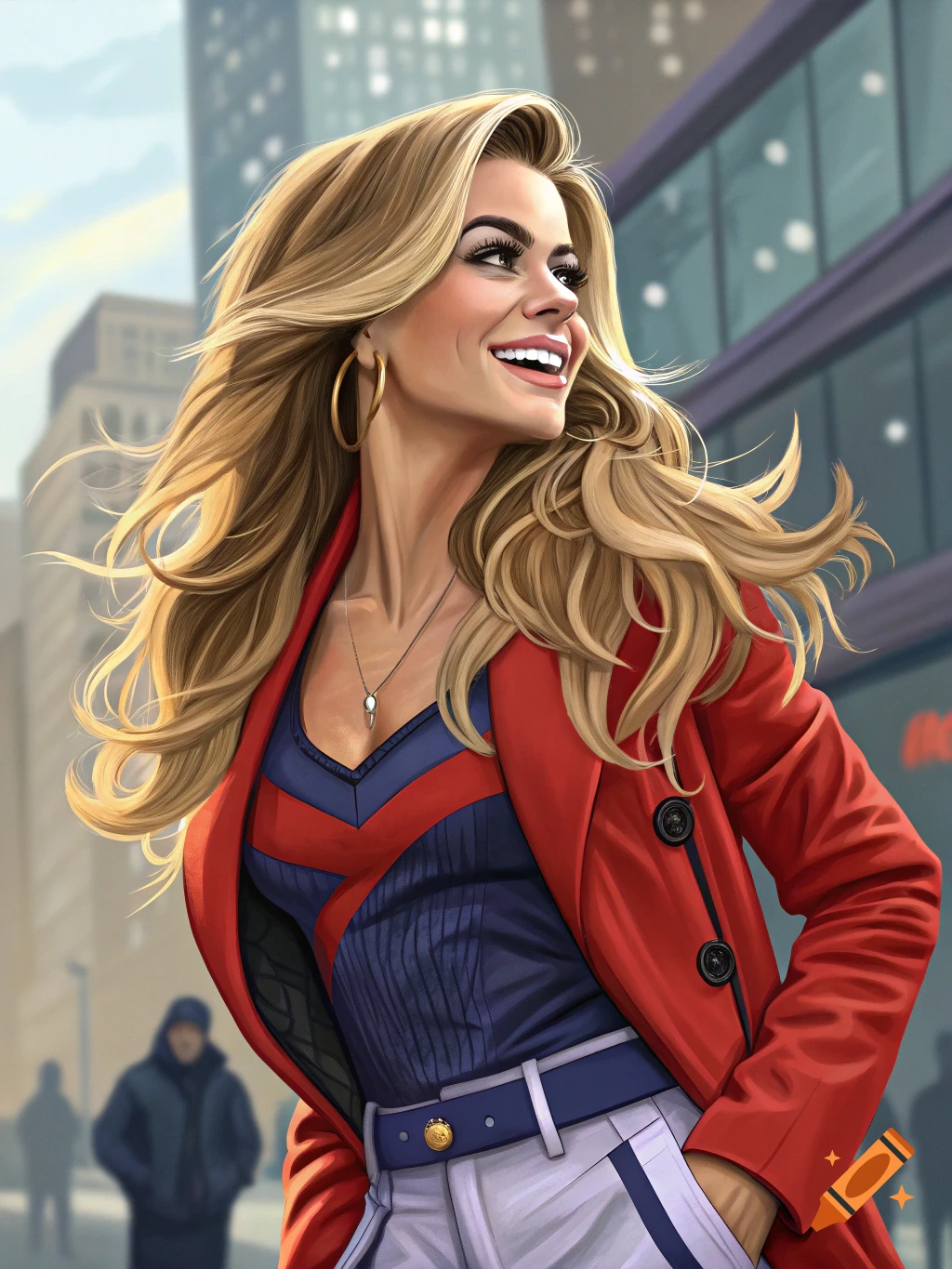 Illustrative portrait of a smiling woman with long blonde hair in a red jacket walking outdoors