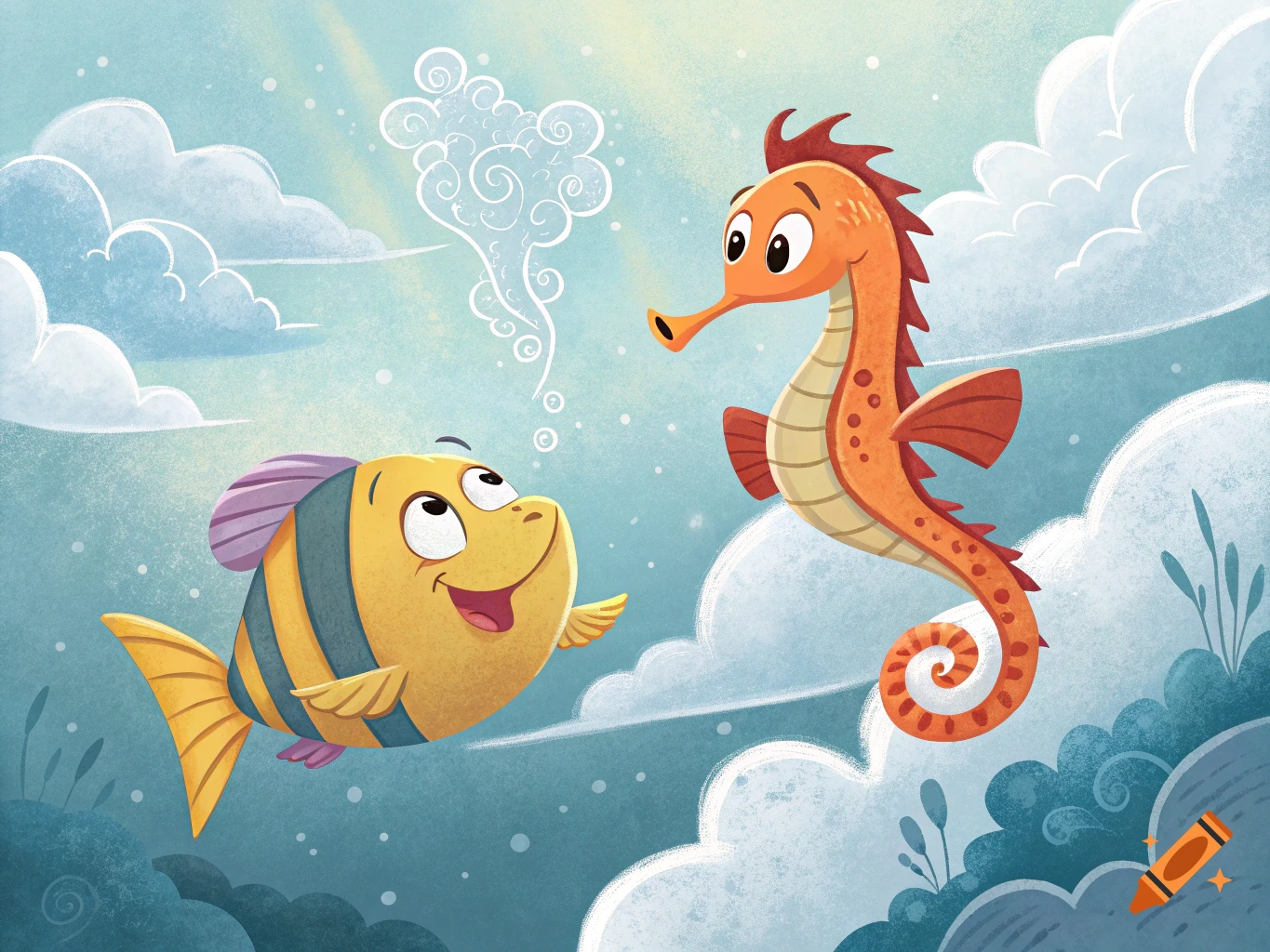 A cartoon fish and a seahorse look at each other in a bubbly underwater scene with clouds.