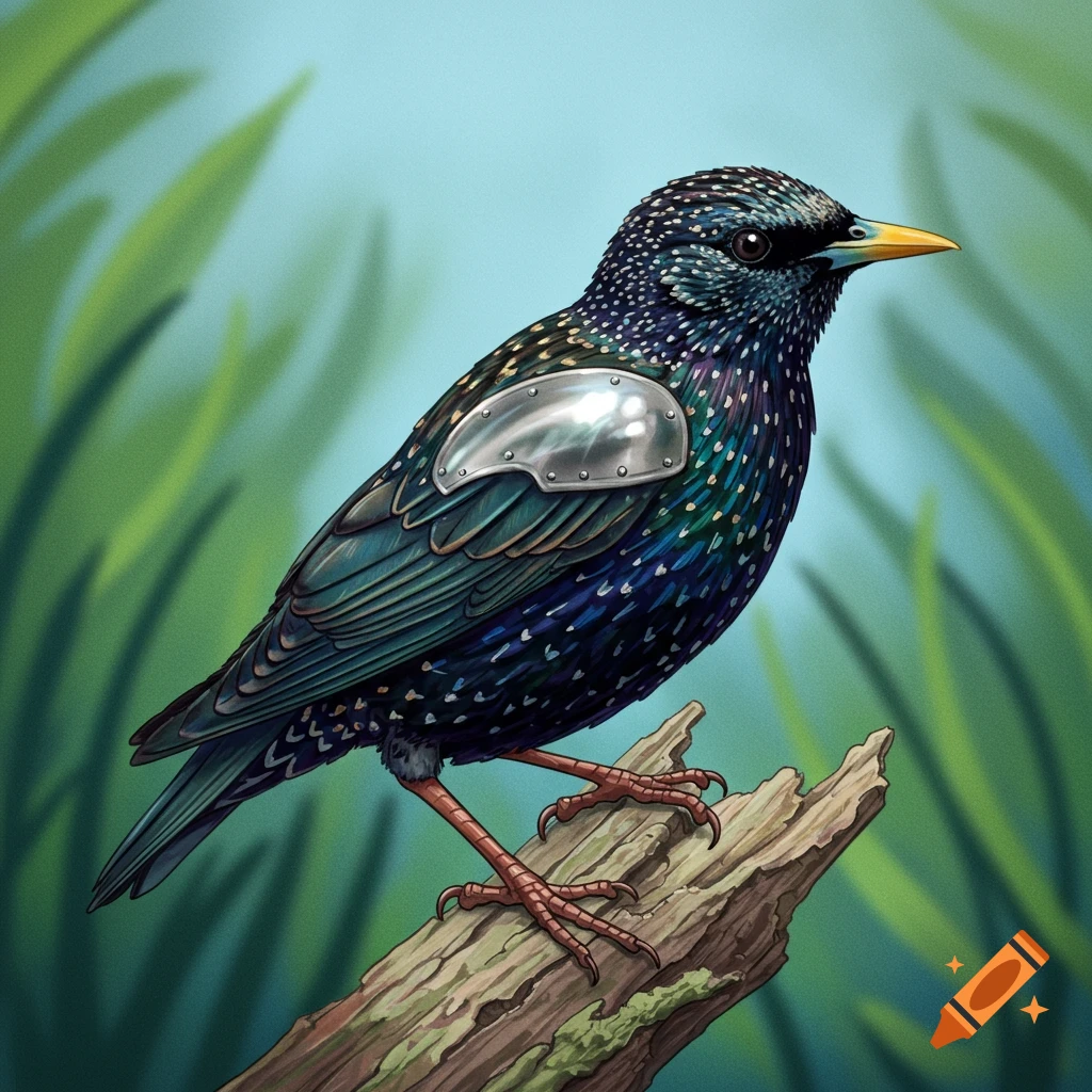 A starling wearing metal plate armor, sitting on a log.