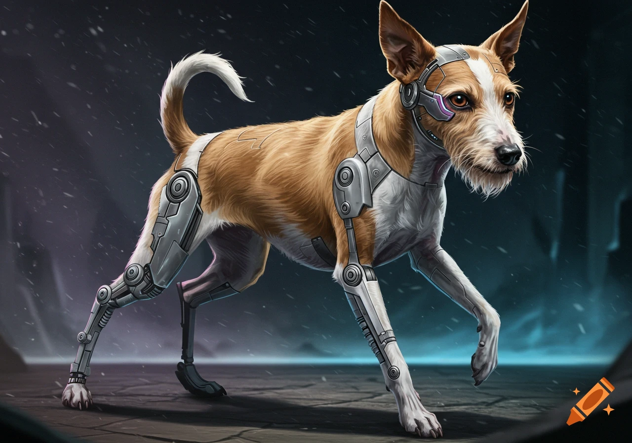 A cybernetic Rat Terrier dog stands attentively, its mechanical parts gleaming under the light. 