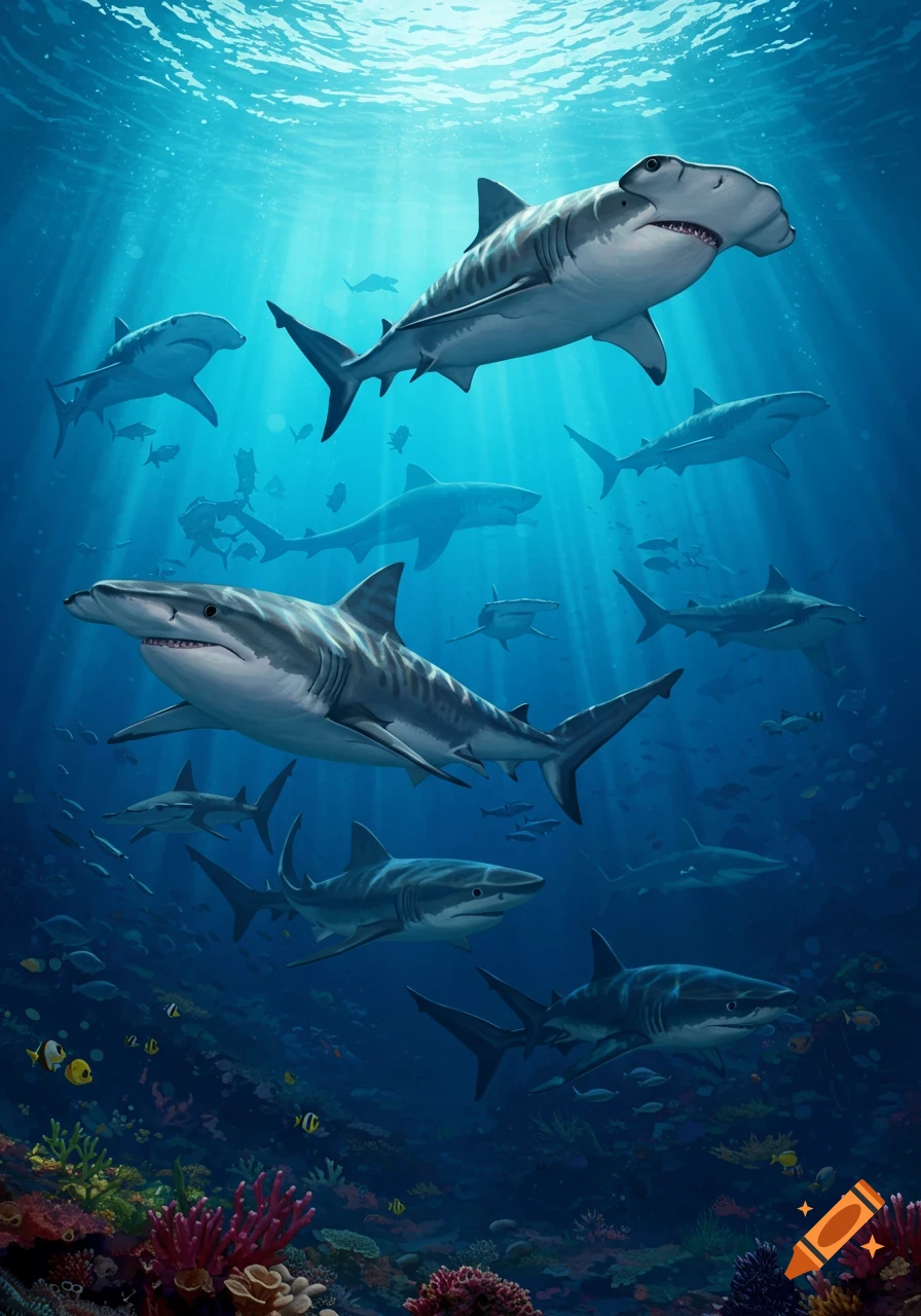 multiple sharks swimming underwater near a coral reef with sun rays beaming down.