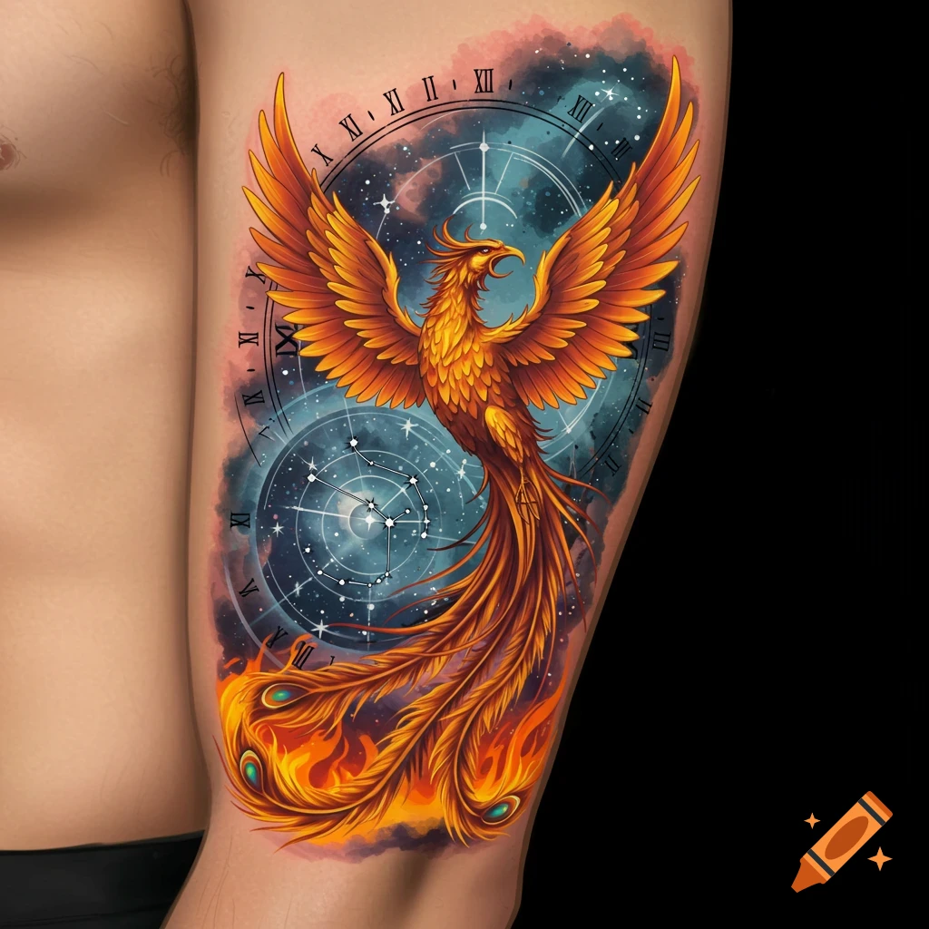 Colorful tattoo of a phoenix with clock face and constellations on a leg.