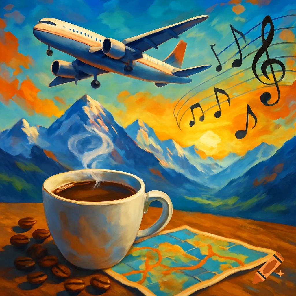 An airplane flies over mountains with music notes, a coffee cup, and a map.