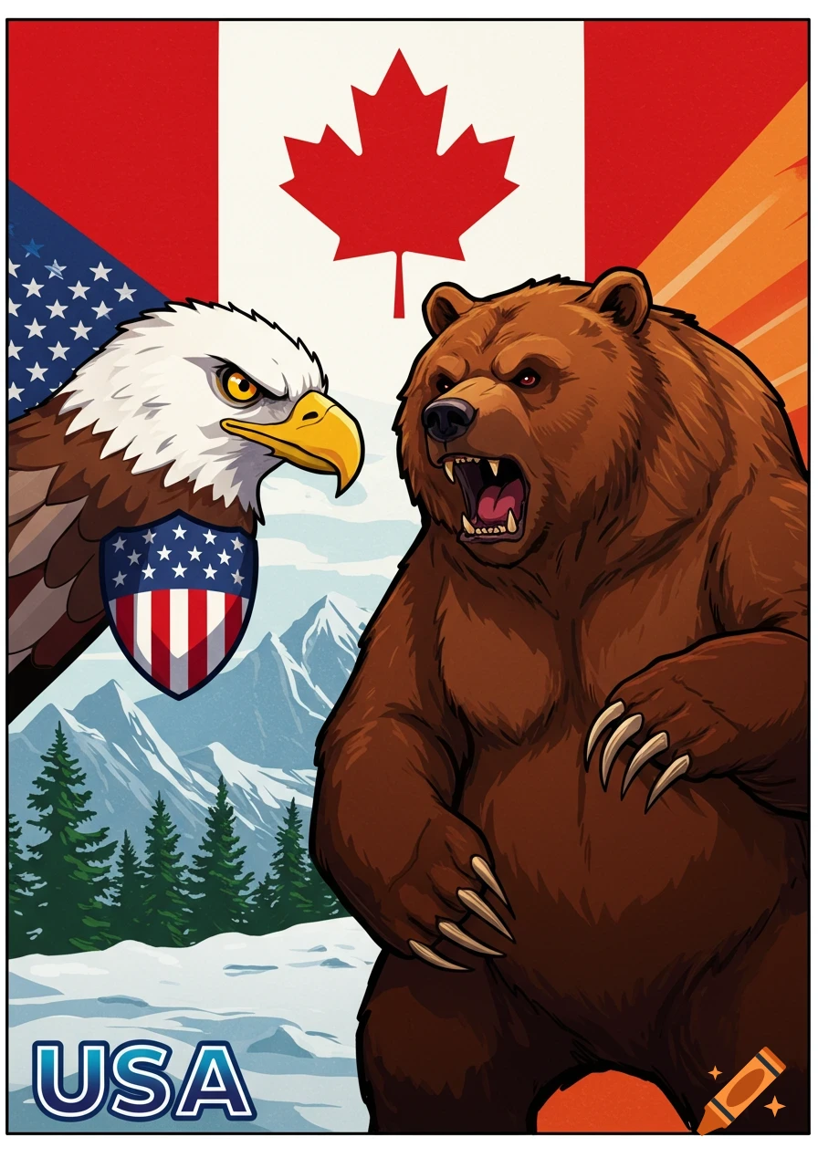 A cartoon style image showing a bald eagle with an American flag shield facing off against a grizzly bear in front of a Canadian flag and mountains. The word USA is at the bottom.