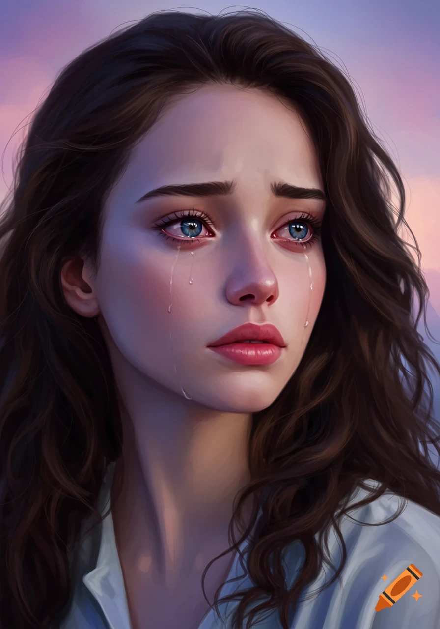 Beautiful young woman crying with tears streaming down her face.