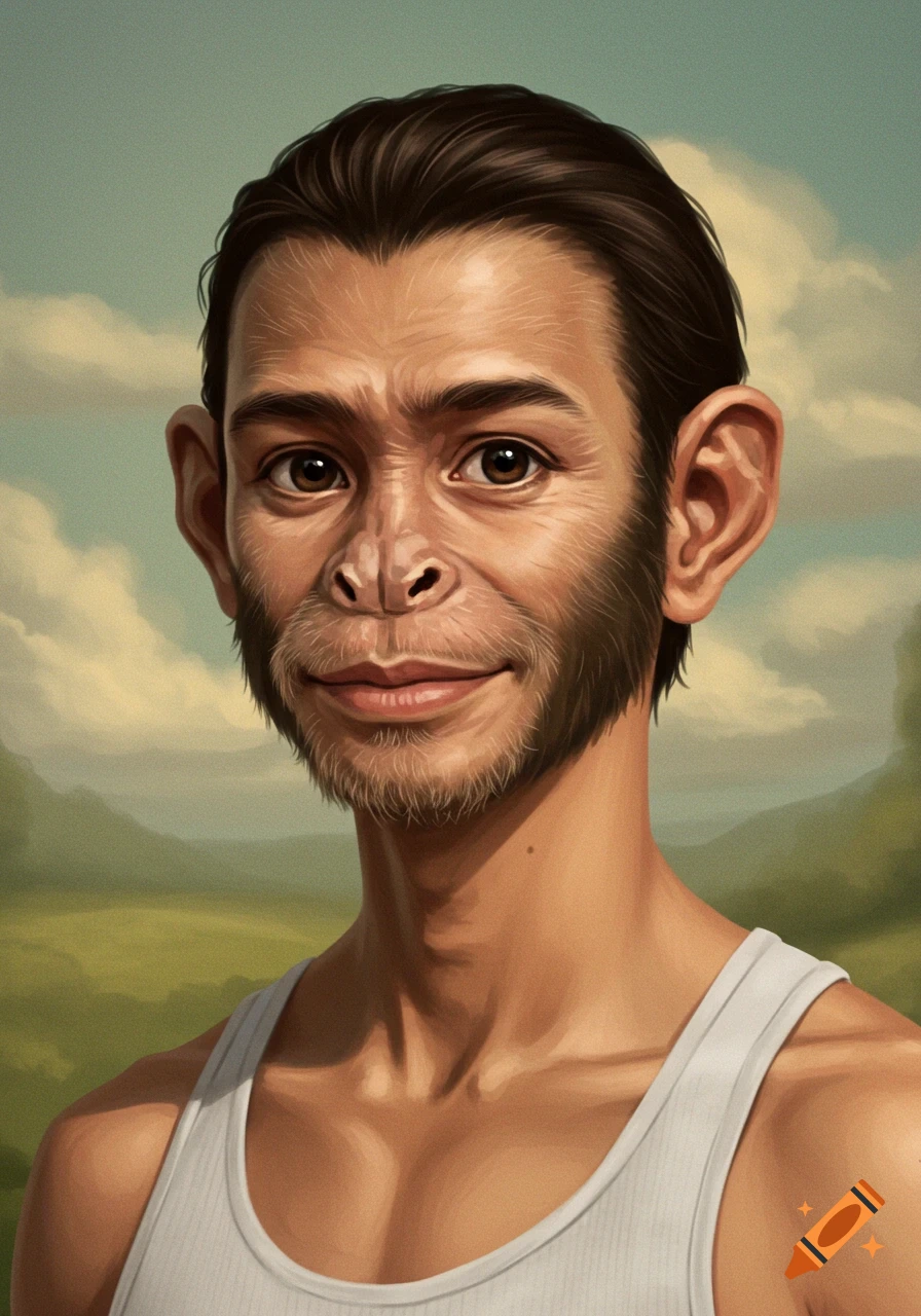 A person with monkey-like features is wearing a tank top.