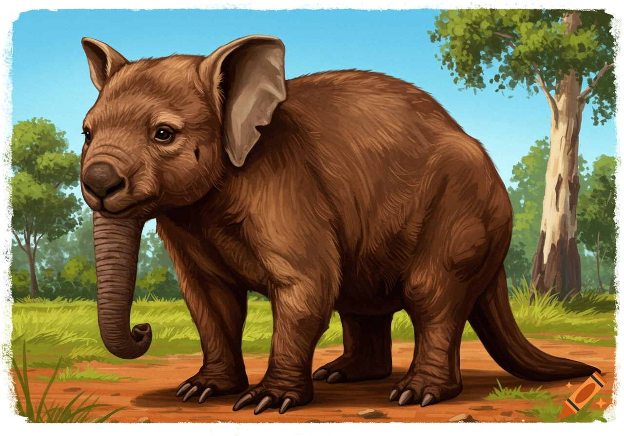 A brown animal hybrid with a wombat body, elephant trunk and ears, and kangaroo tail, stands in a field.