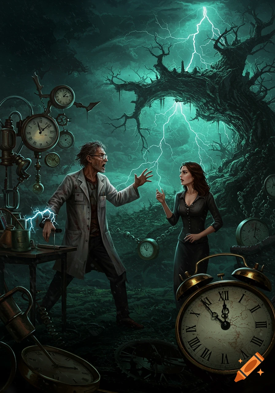 A scientist and woman react to lightning in a dark, clock-filled steampunk setting.