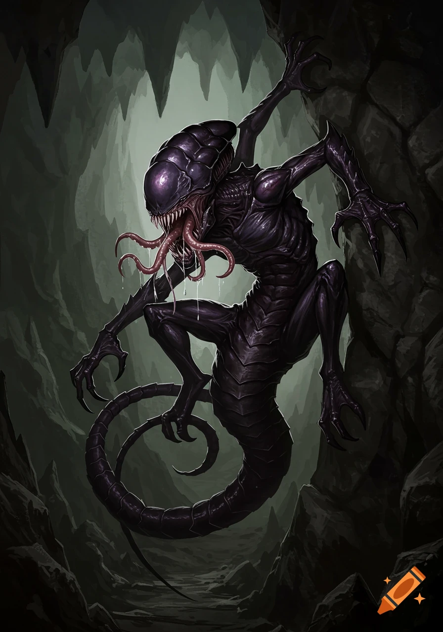 A dark, alien creature clinging to a cave wall.