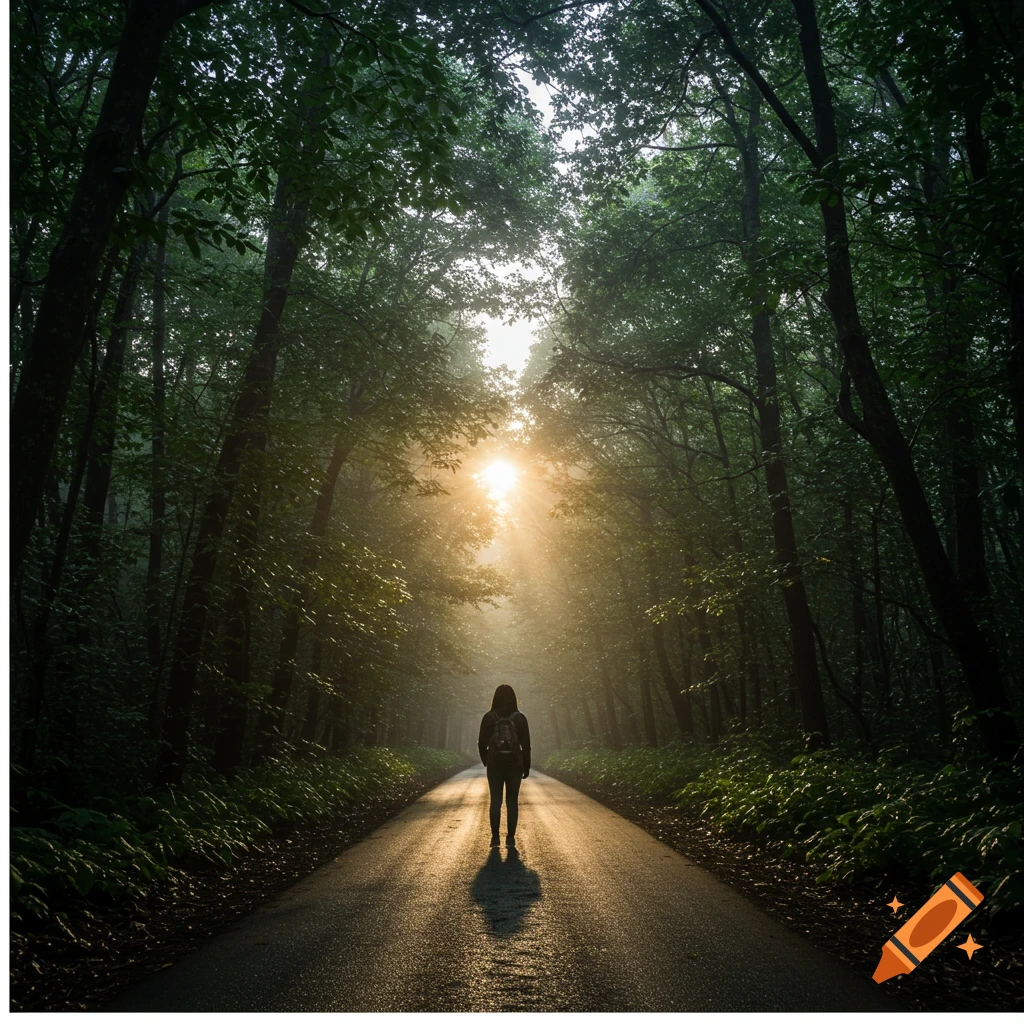 A person stands on a road looking into bright sunrays in a misty forest.