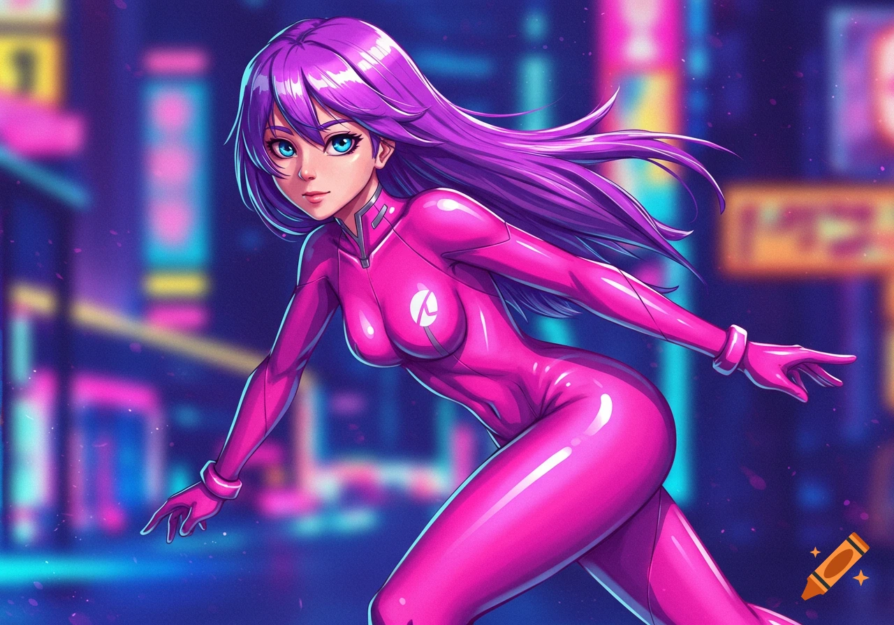 Anime girl in pink spandex suit in a neon city, digital art