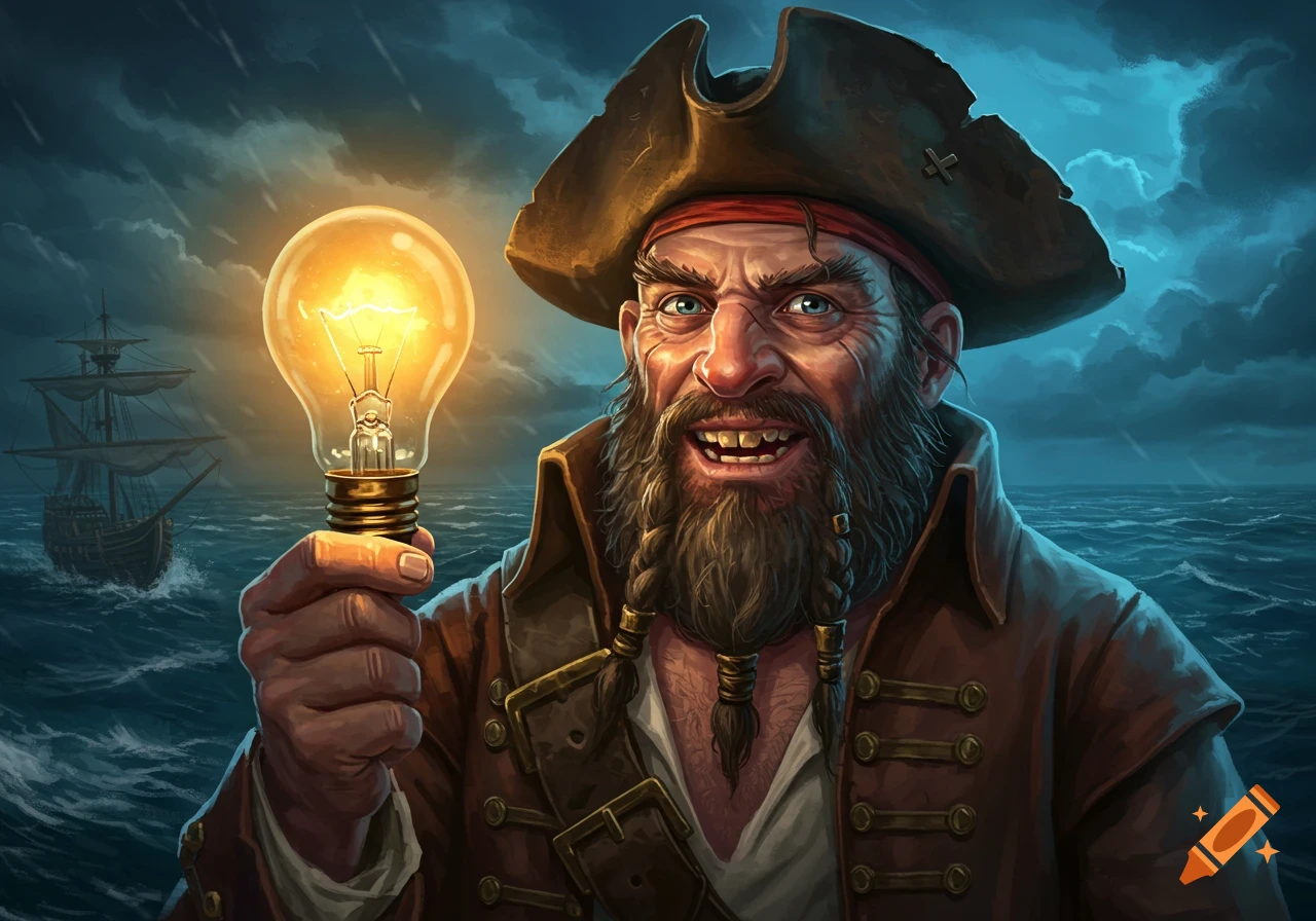 Painting of a smiling pirate holding a lightbulb on a stormy sea with a ship in the background.