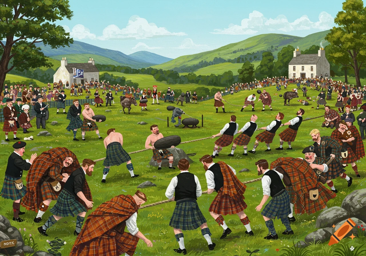 A Scottish Highland Gathering with people in kilts competing in sports like tug-of-war.