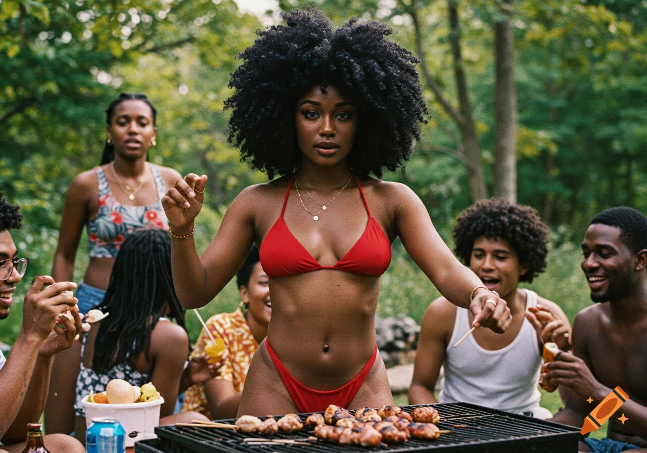 A Black woman in a red bikini grills skewers at an outdoor barbecue with friends.