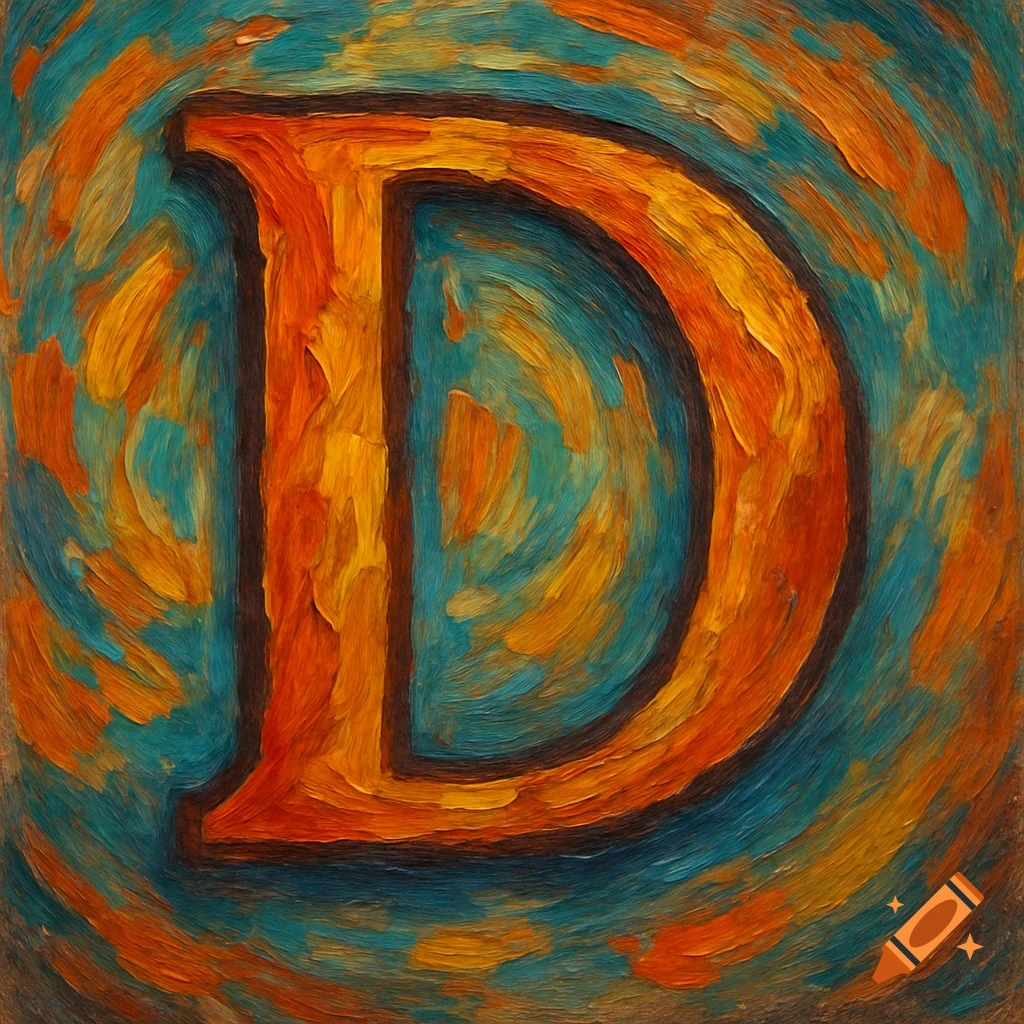 A letter D rendered as a textured image with orange, yellow, and blue brushstrokes.