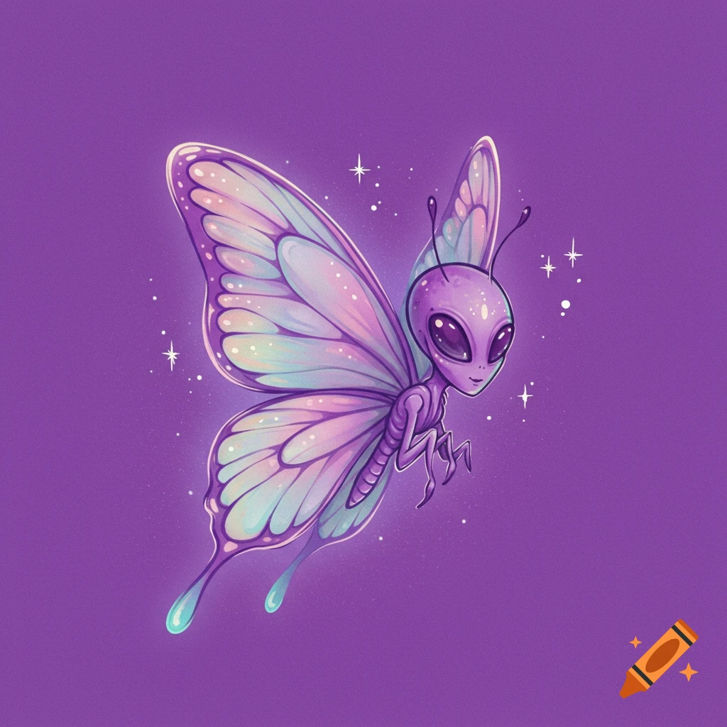 A cute purple alien creature with colorful butterfly wings floating on a purple background.