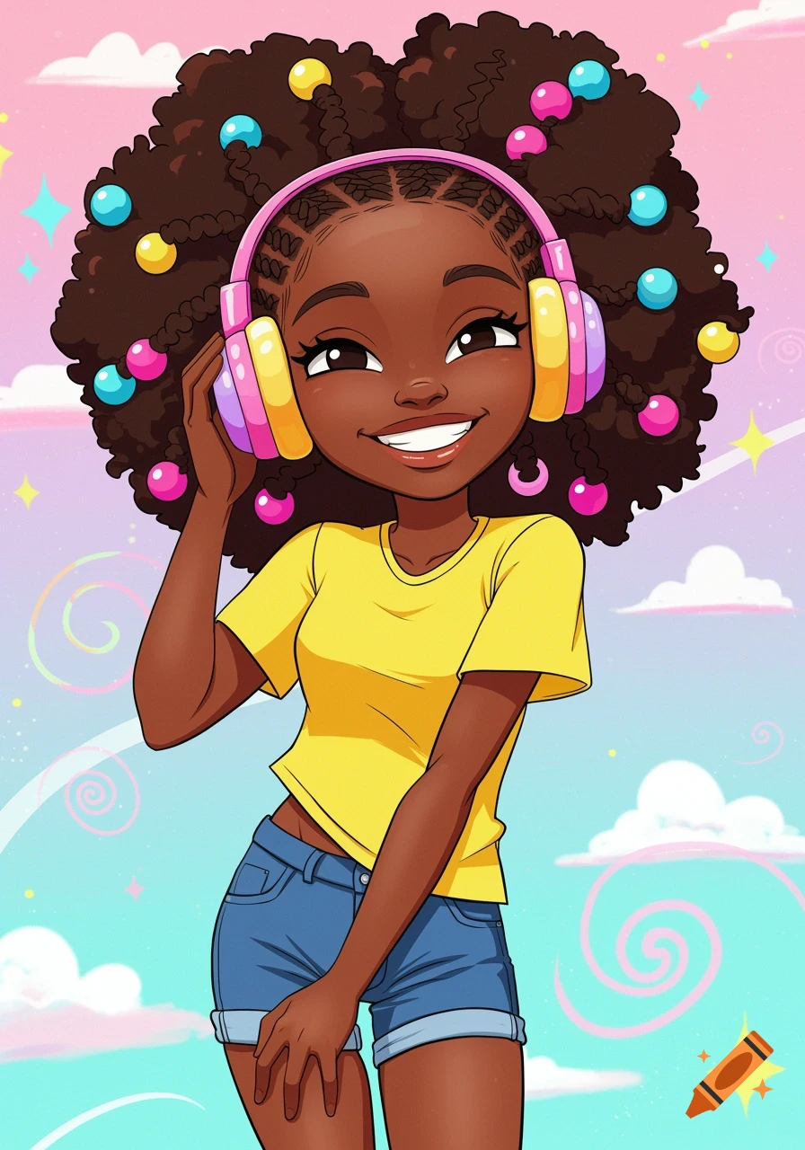 Cartoon illustration of a smiling young Black girl with colorful headphones against a pastel sky.