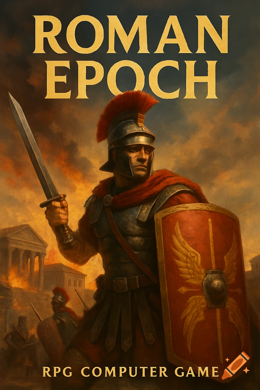 Illustration of a Roman soldier with sword and shield in front of burning buildings, with text "ROMAN EPOCH RPG COMPUTER GAME".