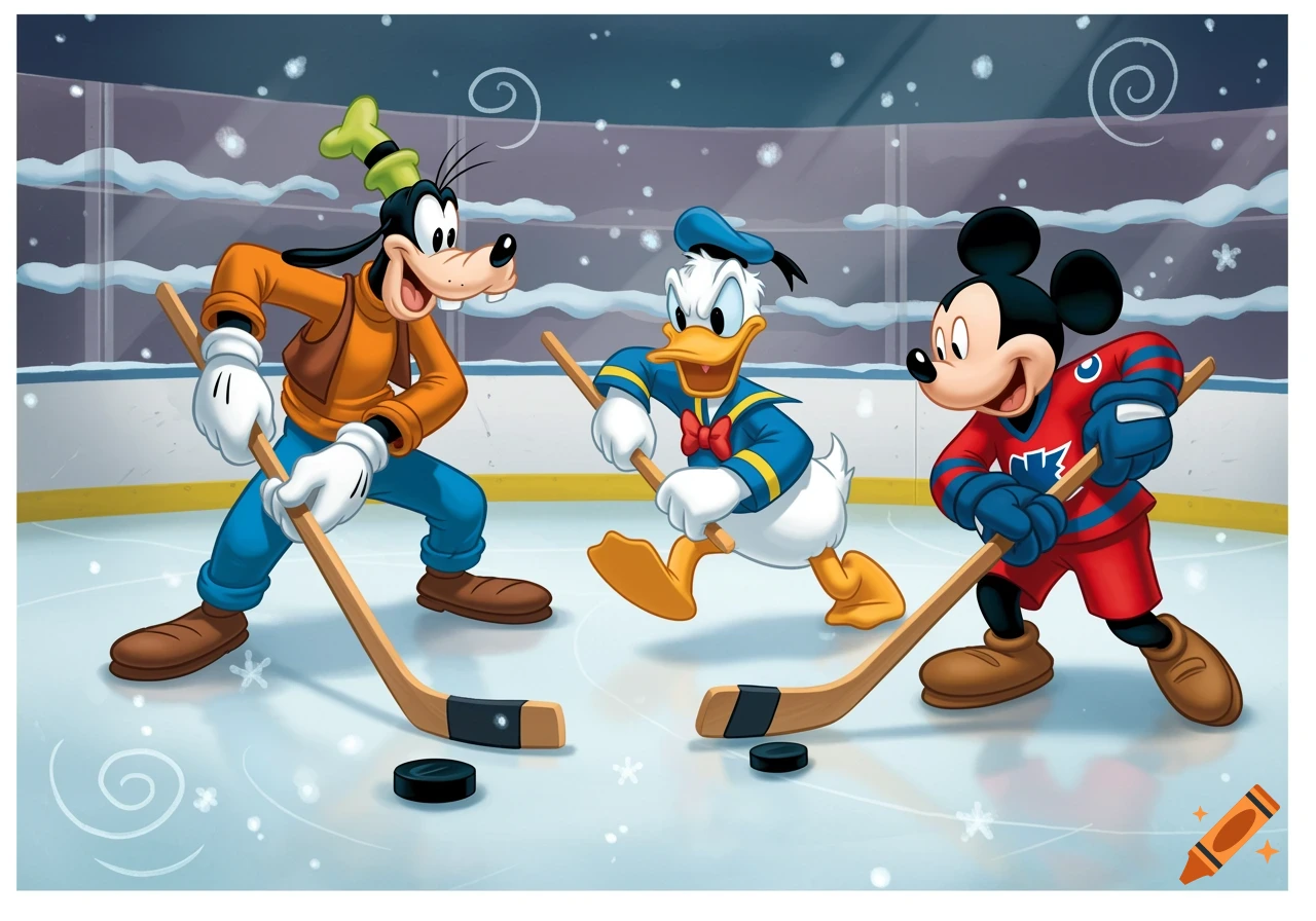 Cartoon illustration of Goofy, Donald Duck, and Mickey Mouse playing ice hockey.