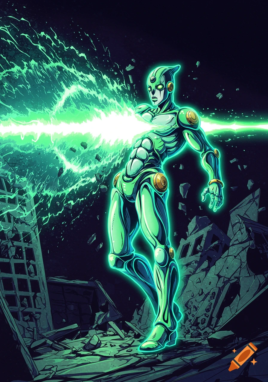 Anime character in green armor shoots energy beam in destroyed city.