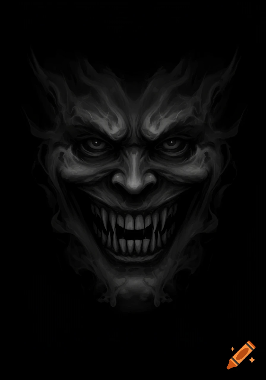 A scary, shadowy face with sharp teeth.