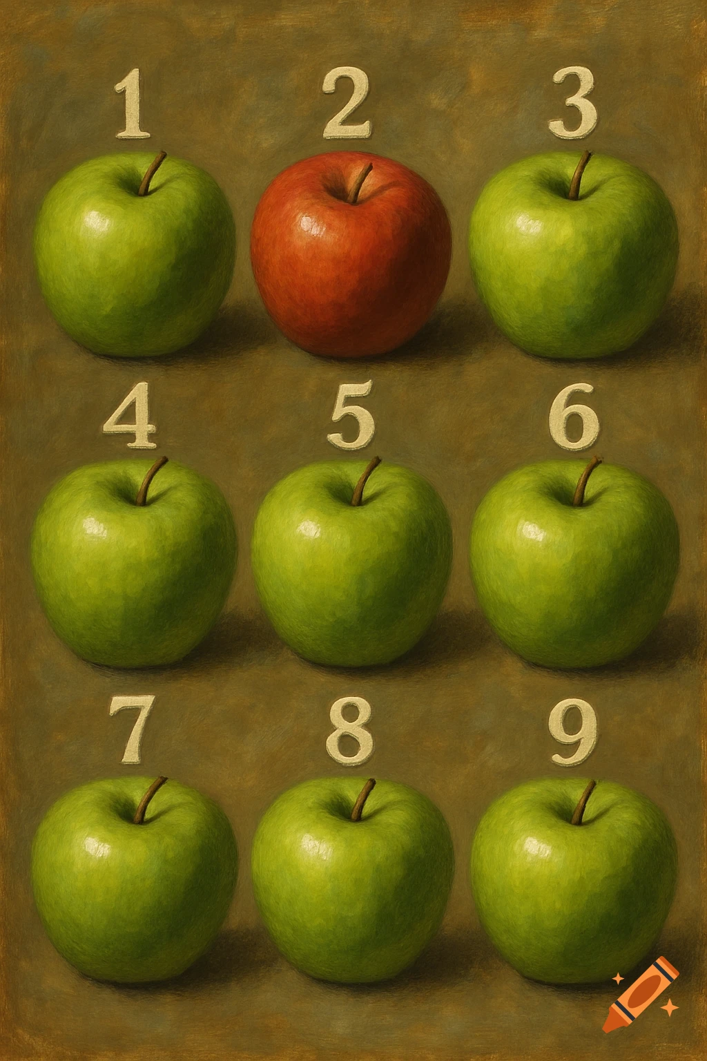 9 apples in a grid with numbers 1-9. One apple is red, others are green.