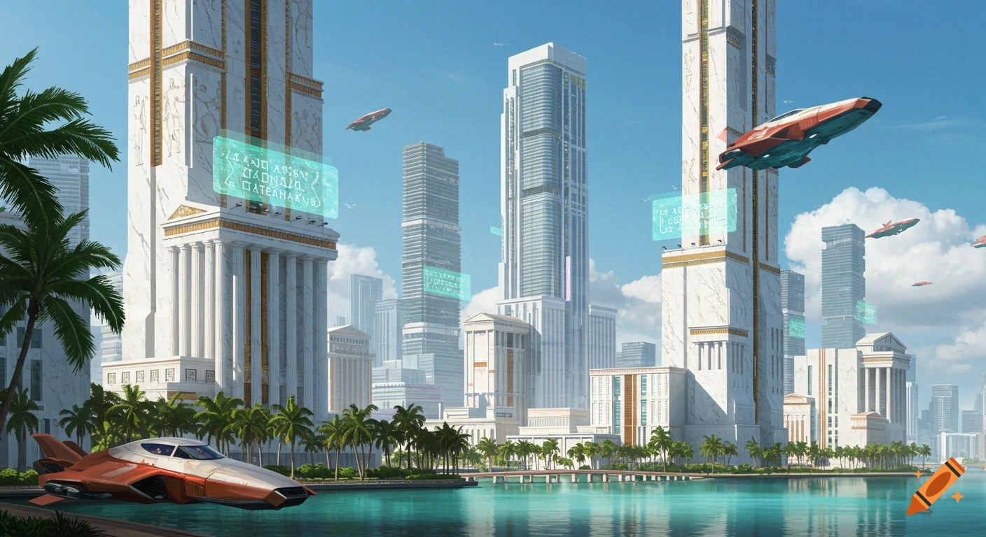 A futuristic city combining Greek/Roman architecture with modern skyscrapers, flying vehicles, palm trees, and water.