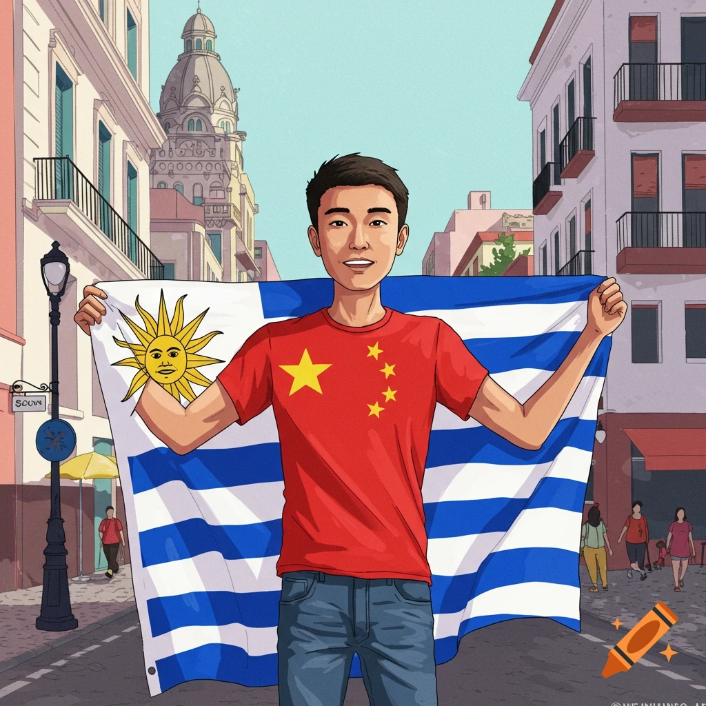 Illustration of a man in a red shirt with yellow stars holding a flag with sun and stripes, standing on a city street.