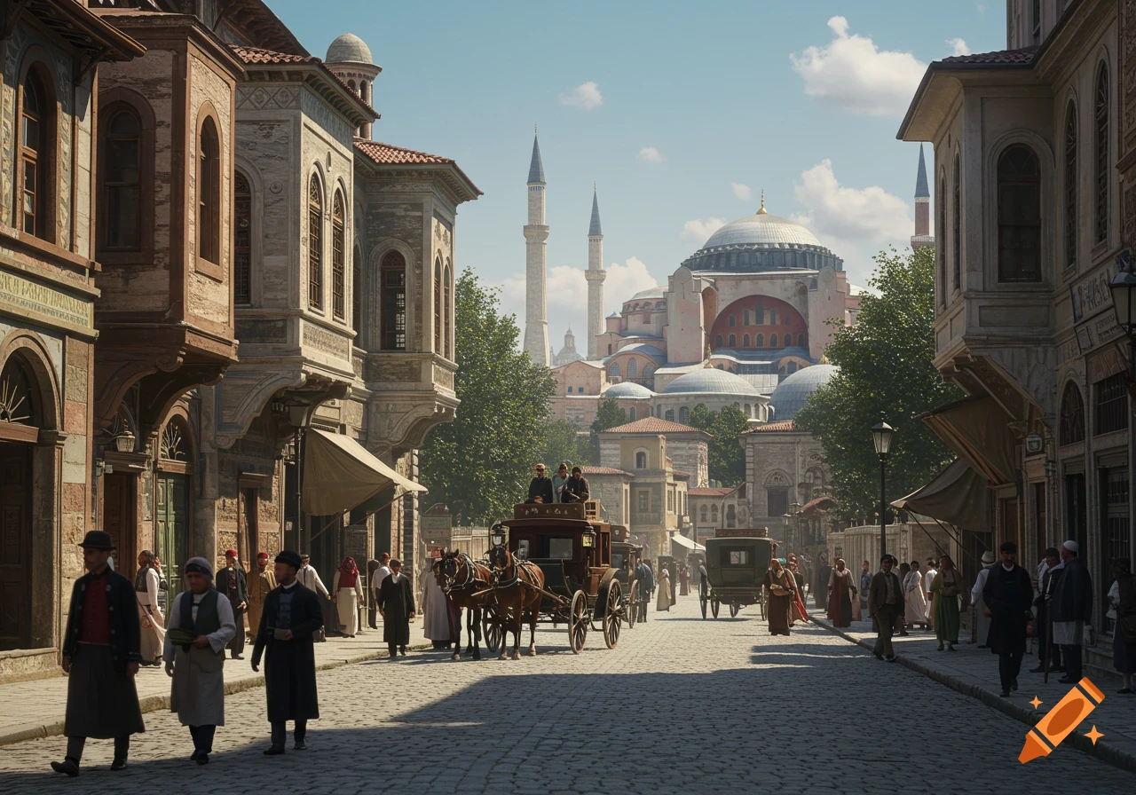 A historical street scene in Constantinople with horse-drawn carriages, pedestrians, and buildings, with a large domed structure in the background.