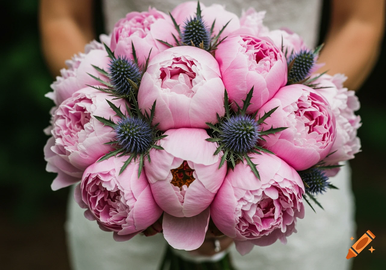 Close-up of a bridal bouquet with pink peonies and blue thistles.