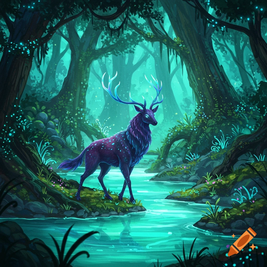 A mystical stag with glowing spots and blue antlers stands in a glowing river in a dark fantasy forest.