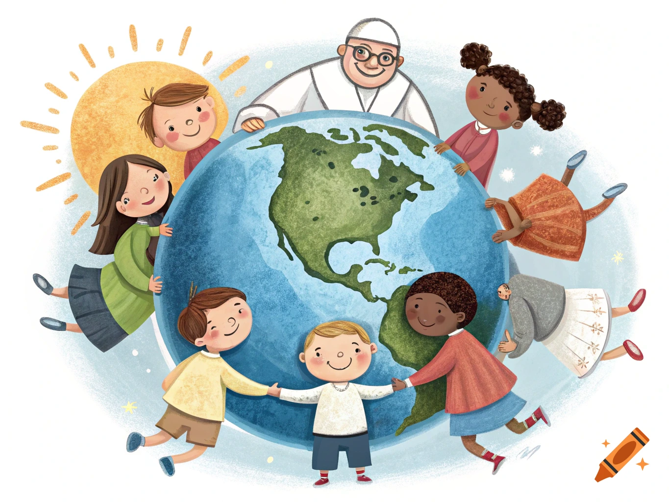Illustration of diverse children holding hands around the Earth, with an adult figure above.