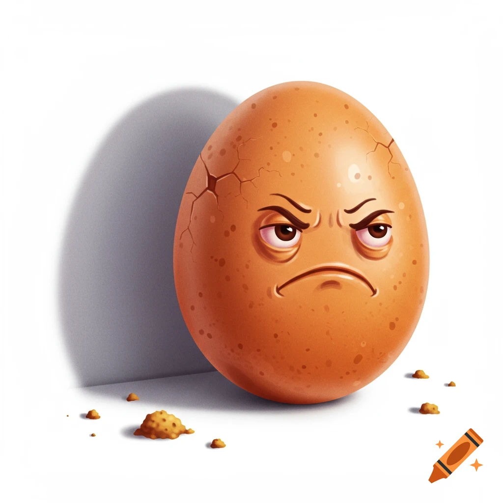 A cartoon illustration of an angry brown egg standing up with cracks on its shell.