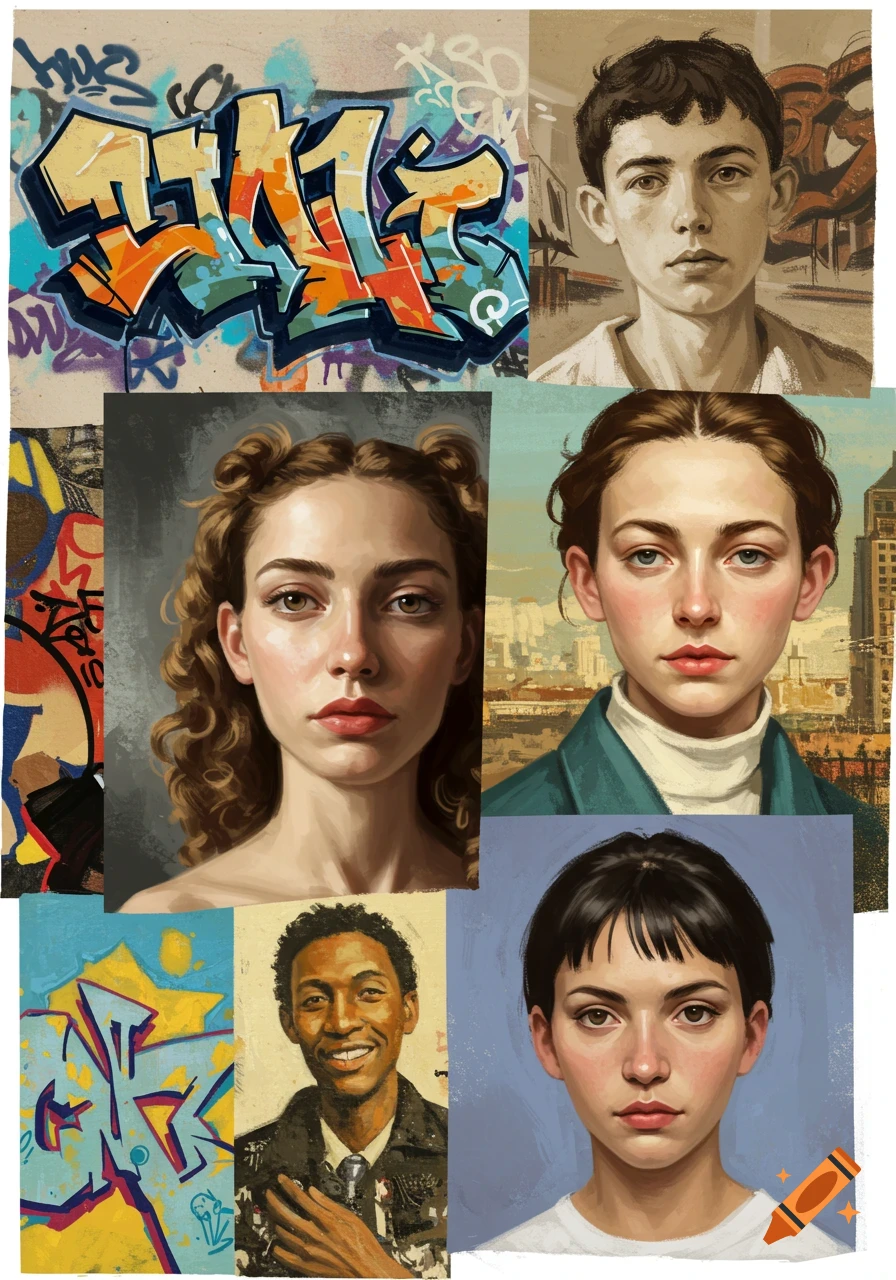 A digital art collage featuring portraits of people and stylized graffiti art.