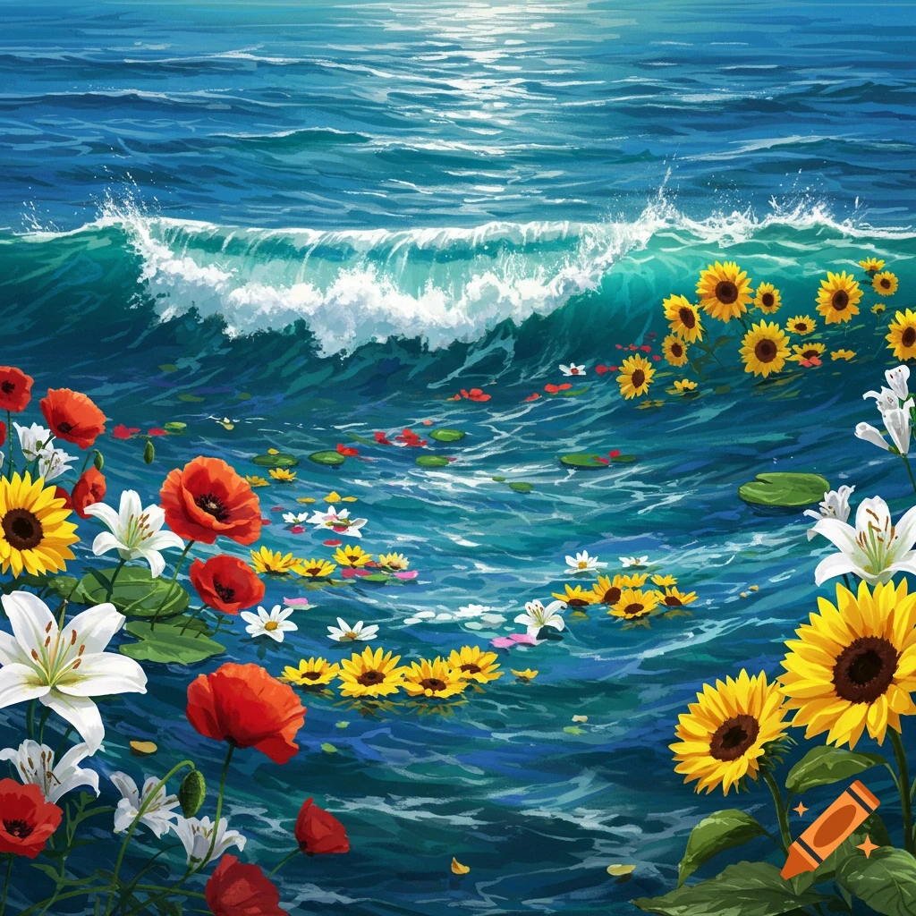A wave crashes in the sea with sunflowers, poppies, and lilies floating and growing in the water.