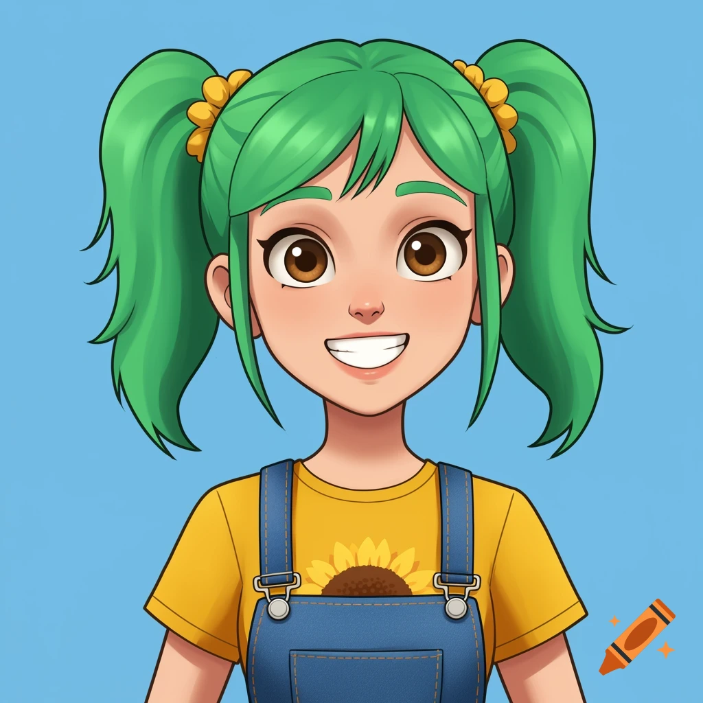 A cartoon girl with green pigtails, brown eyes, wearing a yellow t-shirt with a sunflower and denim overalls, smiling on a blue background.