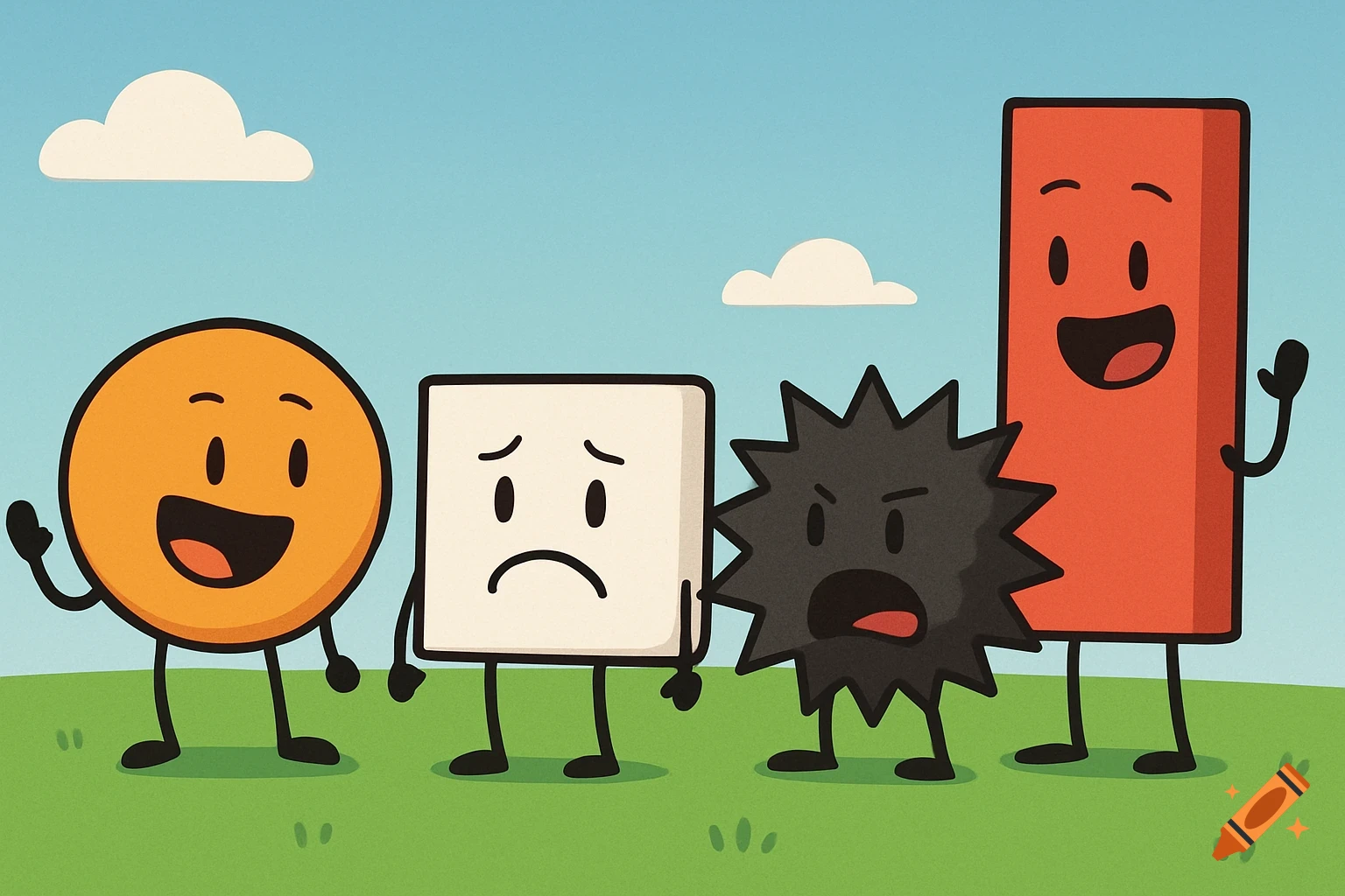 Four cartoon geometric shape characters with different expressions stand in a field.