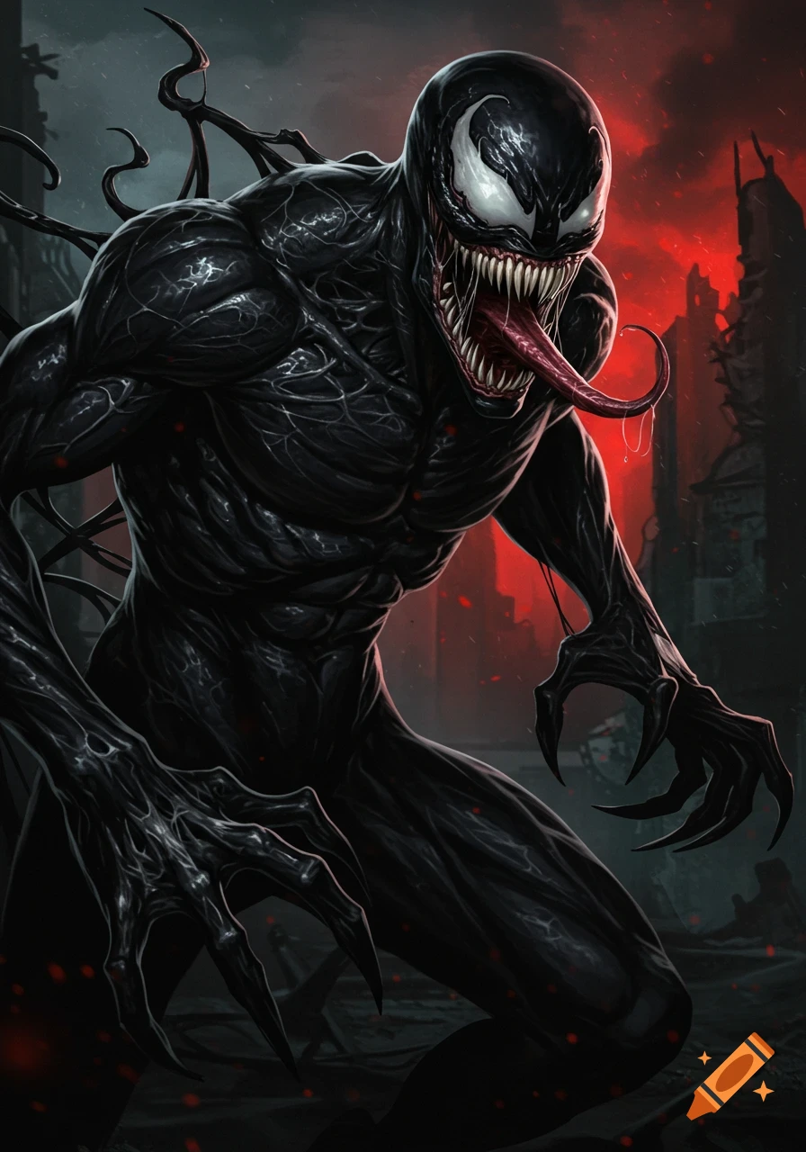 A black symbiote creature, like Venom, with sharp teeth and long tongue, against a ruined city background.