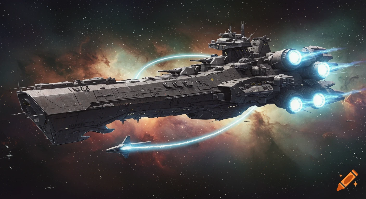 A futuristic space battleship flying through a nebula and stars.