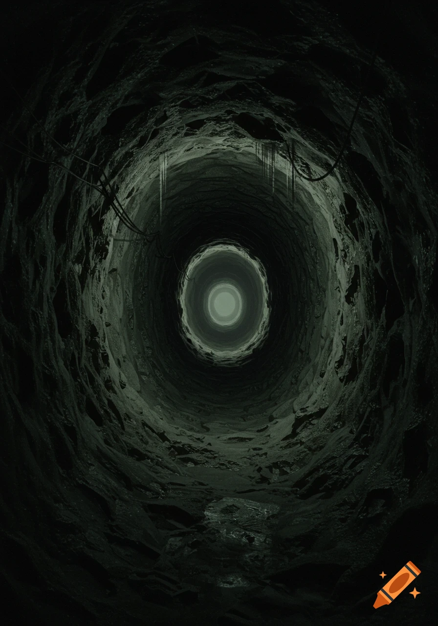 View looking down a dark, rough tunnel towards a bright light at the bottom.
