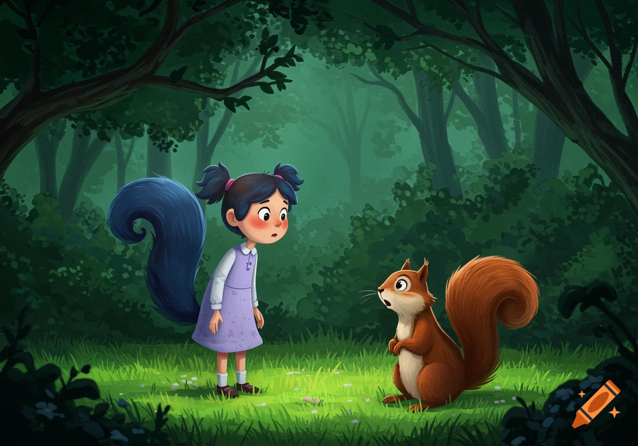 A girl and a squirrel look surprised in a forest.