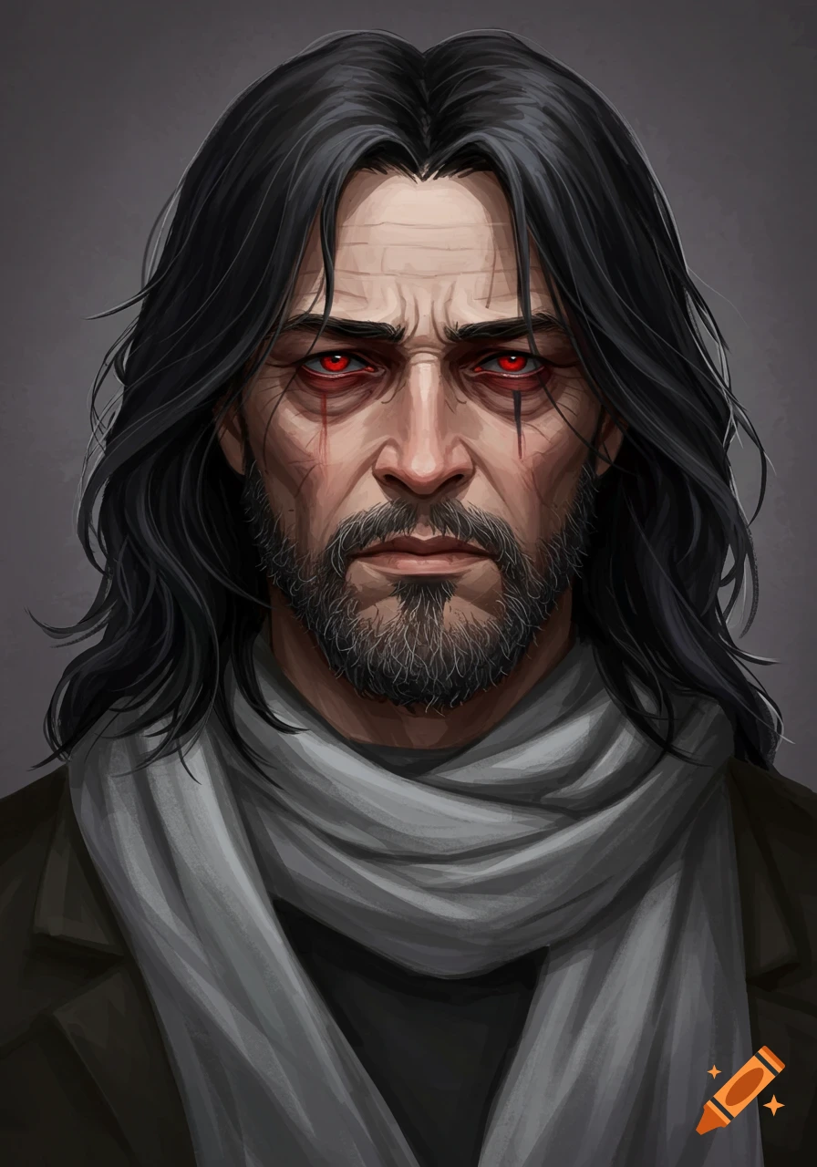 Portrait of a tired man with long black hair, beard, red eyes, and a grey scarf.