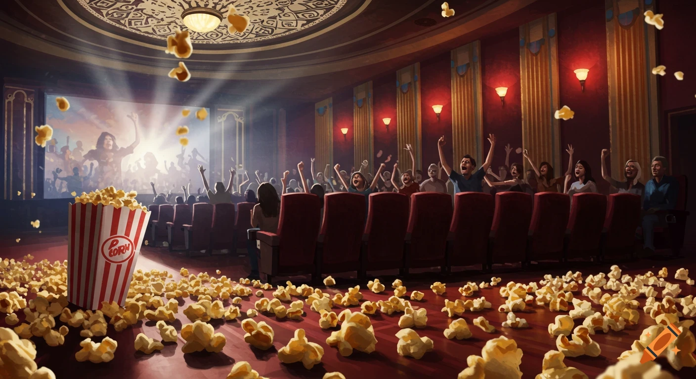 A crowded movie theater with a large bucket of popcorn in the foreground and popcorn spilled everywhere, audience members watching the screen.