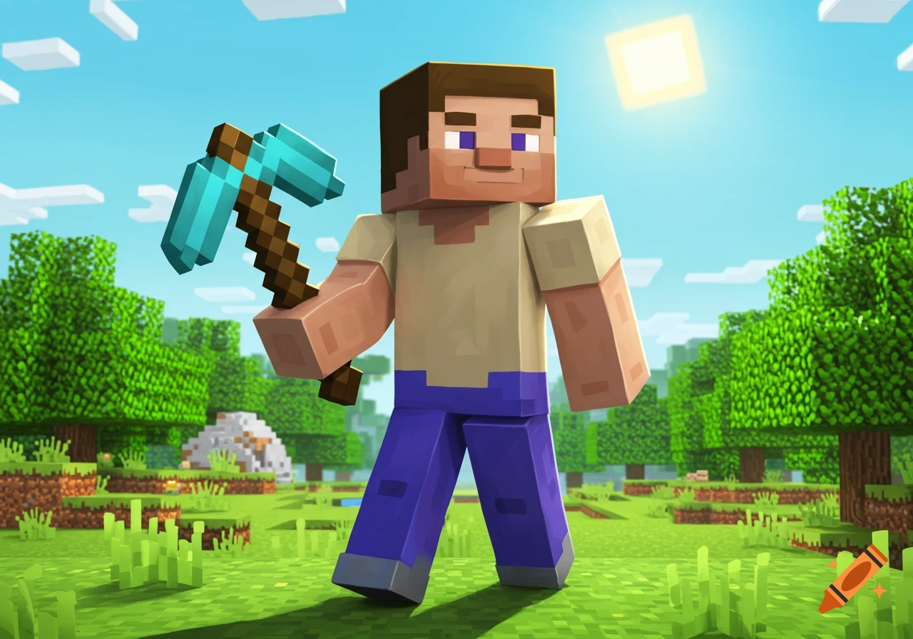 Minecraft character Steve holding a diamond pickaxe in a blocky, sunny landscape.