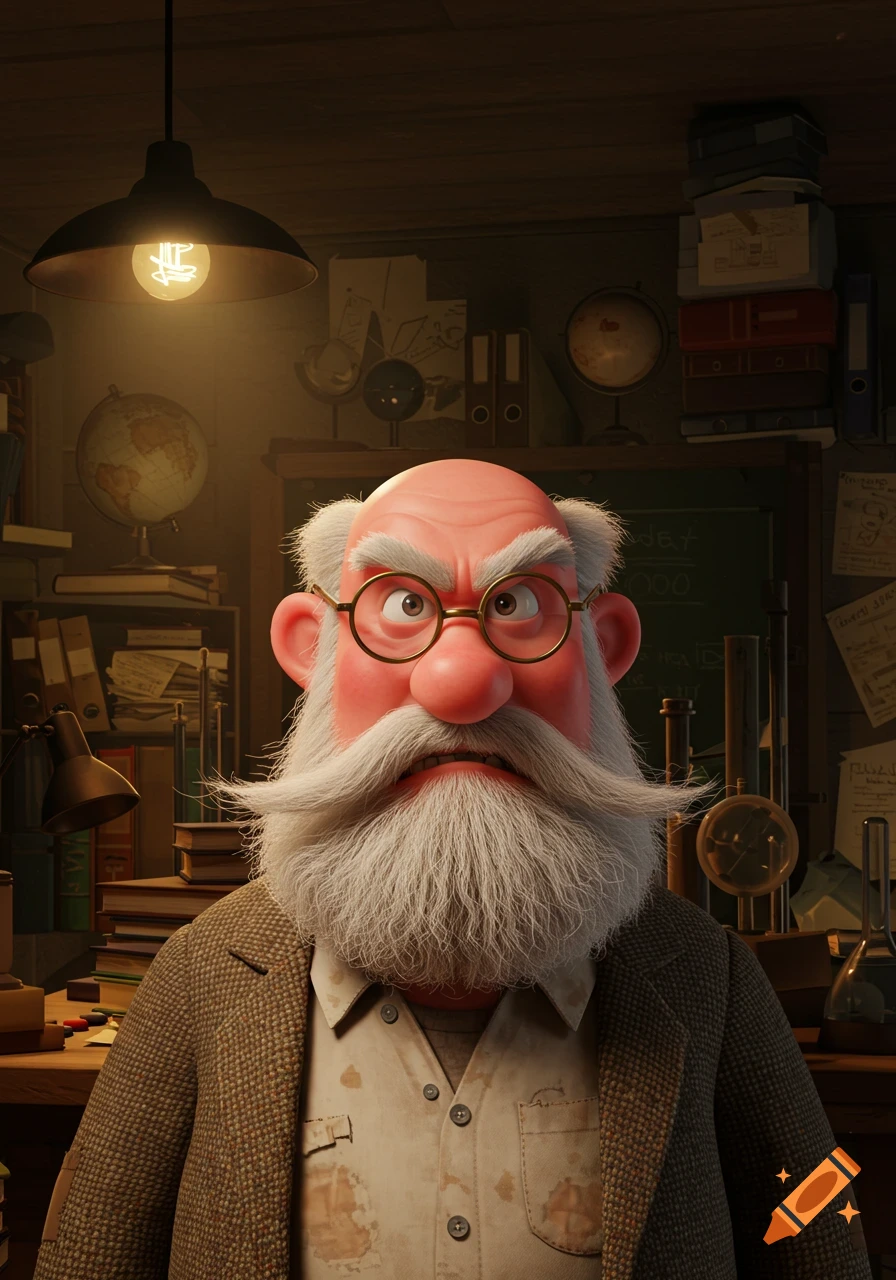 Cartoon angry professor in glasses and big beard in a lab, Pixar style.