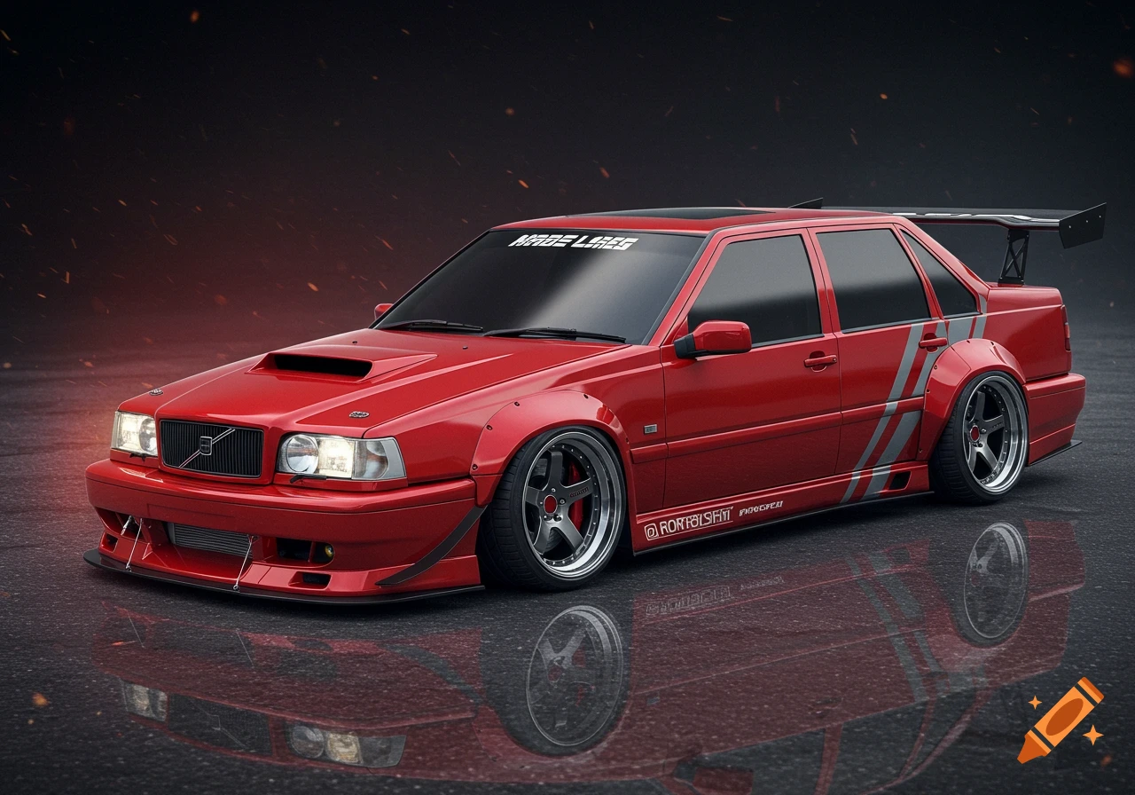 Red modified Volvo 850 sedan with a wide body kit and large spoiler