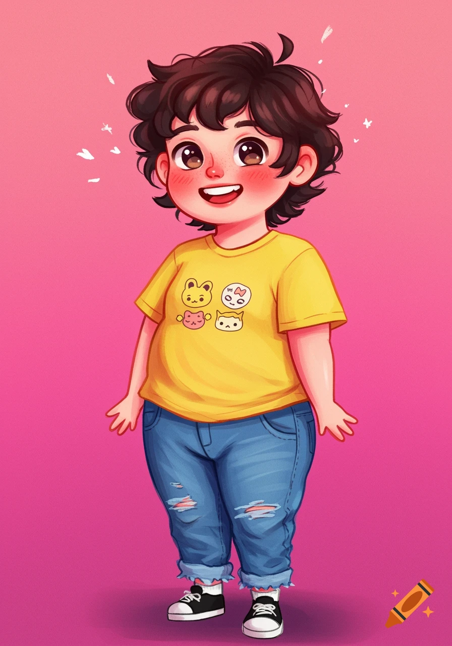 a cute chubby person in a yellow t-shirt and jeans