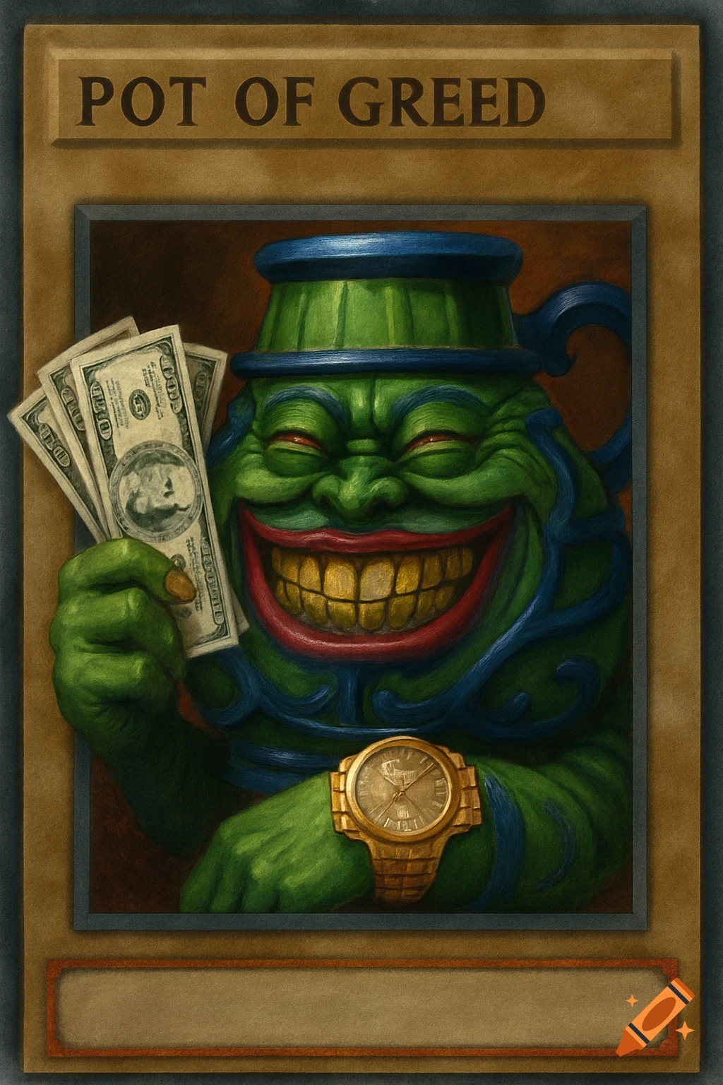 A green creature designed like a pot, styled as a trading card, holds dollar bills and wears a gold watch.